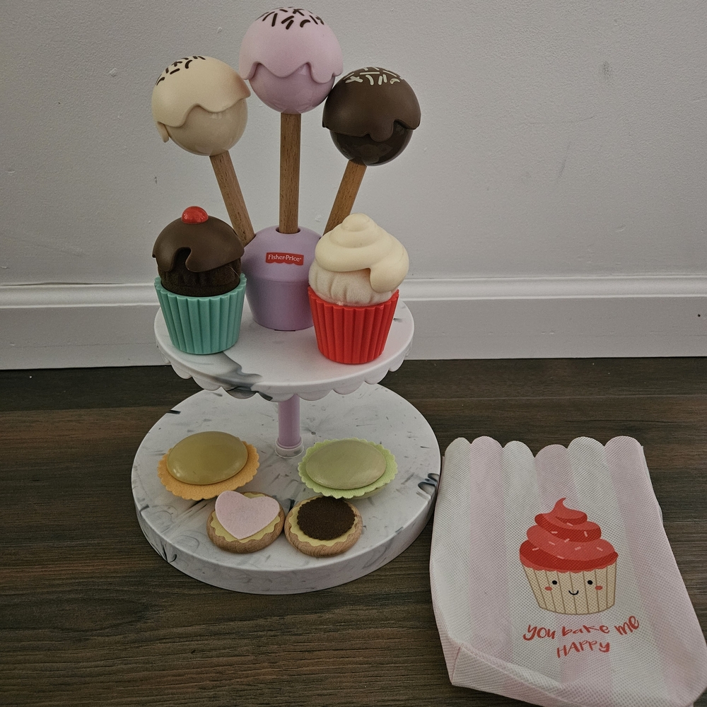 Fisher-Price Pink, Brown, Cream and Red Wooden Dessert Stand Playset